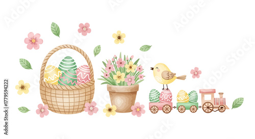 Easter themed illustration with basket, flowers, bird and train with eggs.