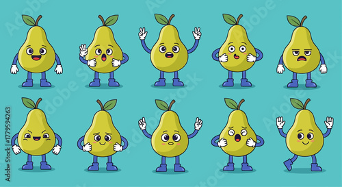 Cartoon pears with various facial expressions and poses, standing on blue feet, with green leaves.