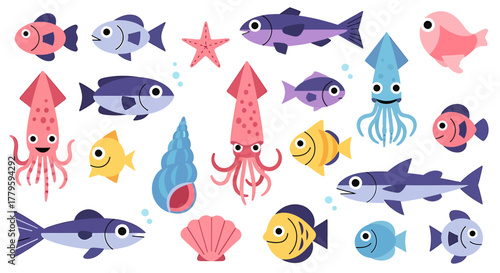 Cartoon illustration of various sea creatures including fish, squid, starfish, and shells on a white background.