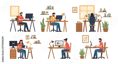 Collection of vector illustrations depicting diverse people working remotely on computers in home office settings.