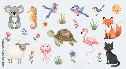 A charming collection of cute watercolor animals including a koala, fox, flamingo, and turtle, isolated on a light background.