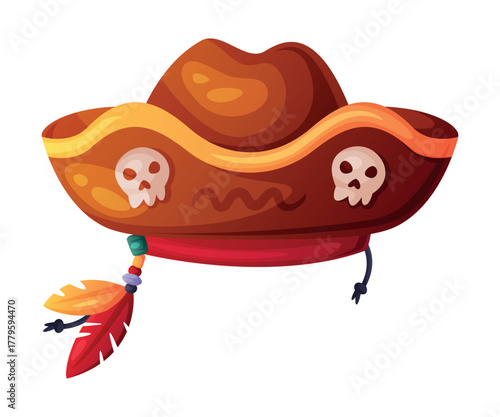 Pirate Hat and Headdress for Corsair with Skull and Feather Vector Illustration