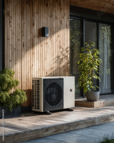 Outdoor heat pump unit mounted on timber cladding wall with bracket and drain