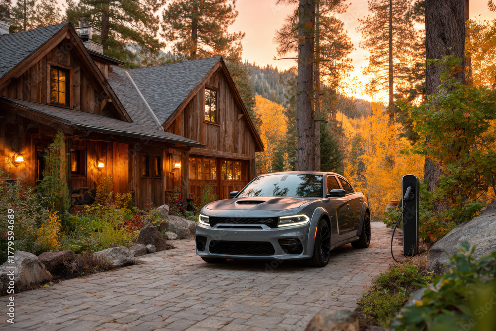 Fototapeta premium Electric vehicle charging station at residential curb with house in soft focus