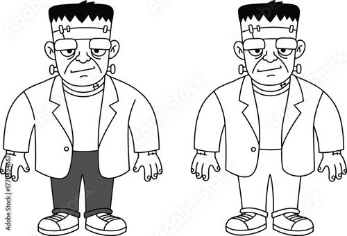 Cartoon Frankenstein monster vector illustration, spot the difference puzzle design, Halloween character drawing, creepy creature artwork, cad drawing flat vector illustration