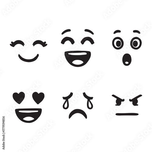 Funny set of cartoon face vector icons with mustache and happy smile expression