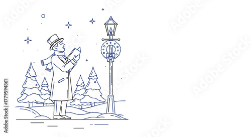 Man in coat singing christmas carol song  at street lamp in winter scenery, concept of christmas line art  