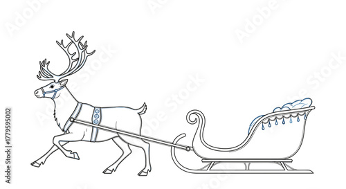 Reindeer pulling a sleigh in a simple line art design for Christmas  