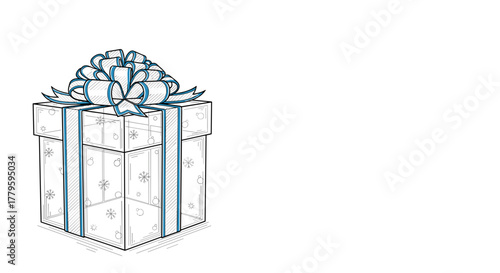 Gift box with bow and ribbon in christmas line art style  