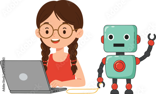 Cartoon girl coding on laptop, child with robot, STEM education, digital learning, technology skills, innovation, programming, creativity, future knowledge
