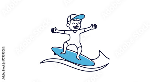 Cartoon boy surfing on a wave with outstretched arms.