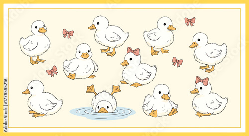 Group of cartoon ducks with butterflies in a playful scene.