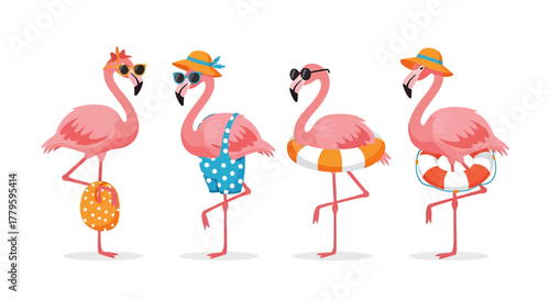 Four pink flamingos wearing sunglasses and summer hats.