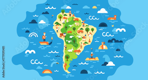 A colorful and whimsical illustration of the continent of South America, showcasing its diverse geography, wildlife, and cultural elements.