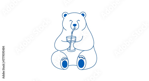 A cute blue line art illustration of a polar bear sitting and happily drinking from a glass with a straw on a white background.