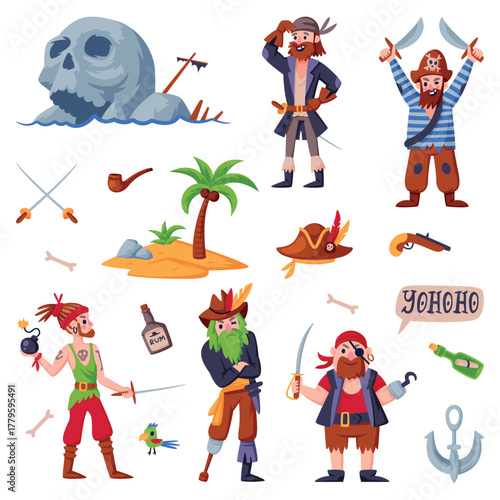 Pirates with Man Filibuster and Piracy Object Vector Set