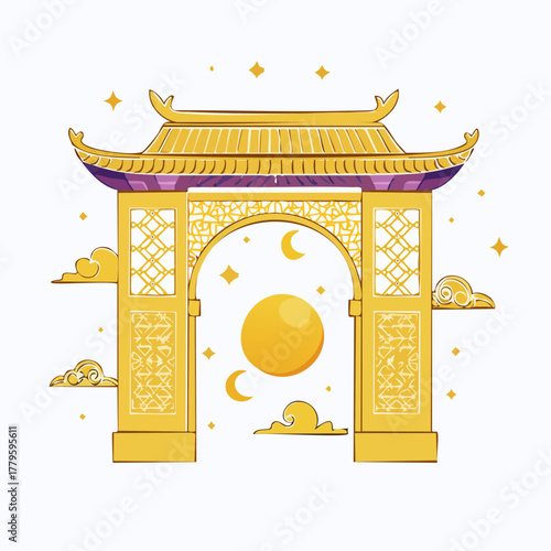 A golden, ornate traditional Asian gate adorned with celestial elements like a large sun and crescent moons, set against a white background with decorative stars and clouds.