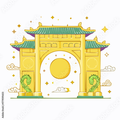 A stylized illustration of a traditional Chinese gate with decorative dragons and a full moon.