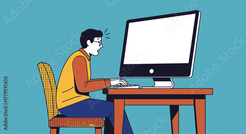 An illustration of a shocked young man with glasses staring intently at a blank computer screen while sitting at a desk.
