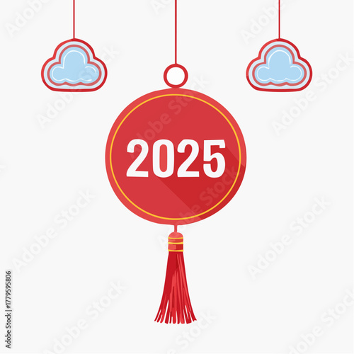 Red and gold Chinese New Year decoration with the year 2025, hanging with tassel and cloud ornaments on a white background.