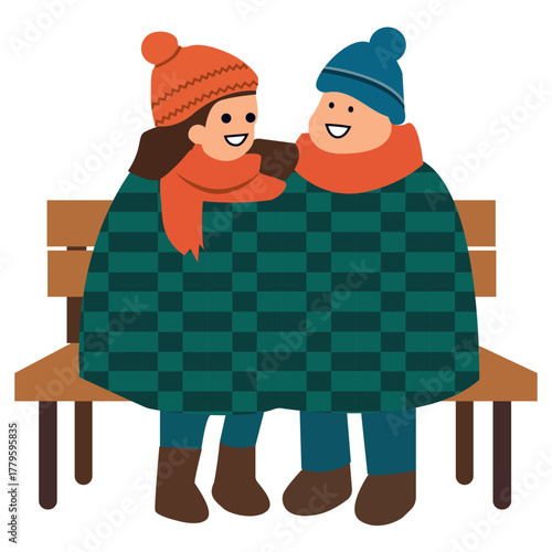  A married couple is relaxing on a bench, covered with one blanket.