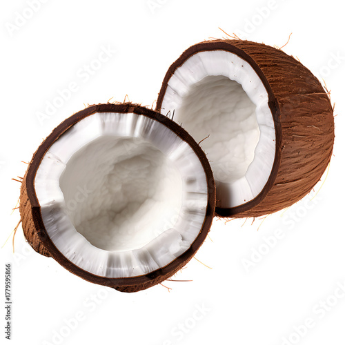 A halved coconut showing the white flesh on a black background