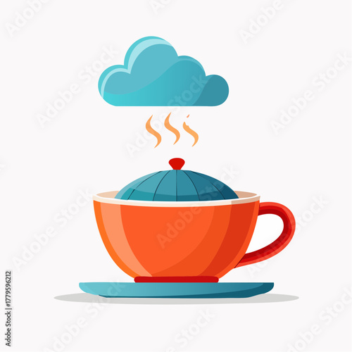 A vibrant illustration of a steaming teacup with a cloud above, symbolizing warmth.