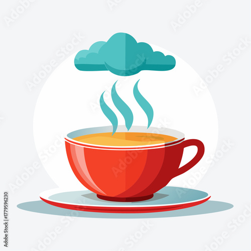 A surreal illustration of a steaming red coffee cup with vapor forming a blue cloud above it.