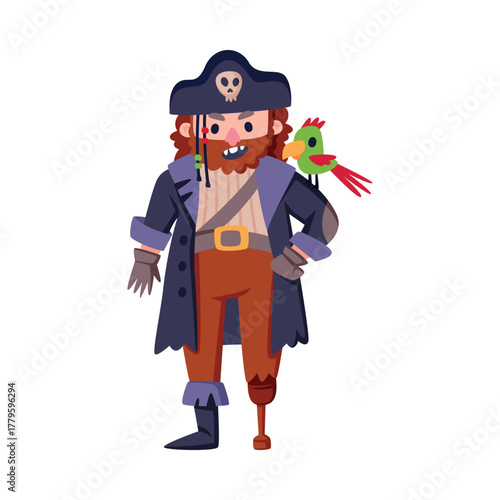 Man Pirate Character in Hat with Parrot Vector Illustration