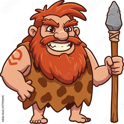 Cartoon caveman character, prehistoric man with spear, red beard, animal fur clothing, muscular build, flat vector illustration, CAD drawing, isolated