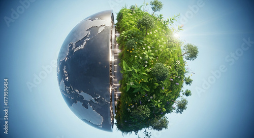 minimalist 3D Earth half-covered with growing plants — nature restoring balance