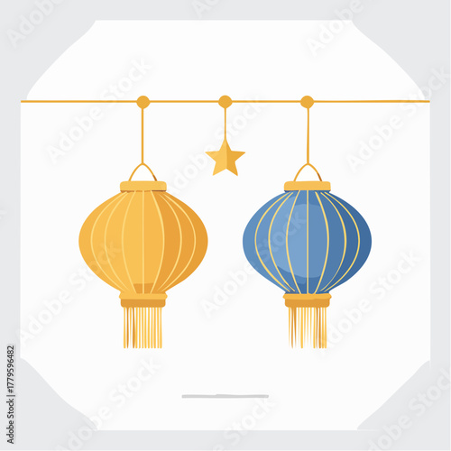 Two colorful traditional Asian lanterns, one yellow and one blue, hanging from a string with a star.