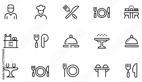 Minimalist restaurant and kitchen icon pack — chef, utensils, dining table, and cloche line art illustrations for menus and design templates