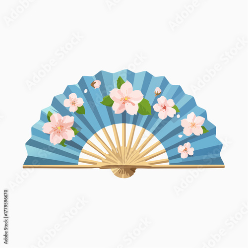 An open light blue Japanese folding fan decorated with pink cherry blossoms and green leaves.