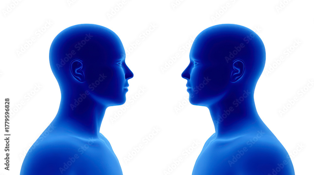 Fototapeta premium Two blue translucent human figures face each other, highlighting symmetry and communication, with futuristic and minimalistic style on transparent background