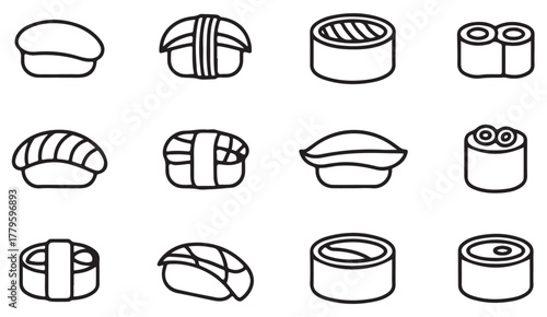 Japanese cuisine line art icons — sushi rolls, nigiri, and sashimi outline vector design for restaurant menu and culinary projects