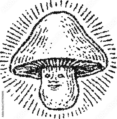 Smiling Mushroom Stipple Fungus Vector with Radiant Lines