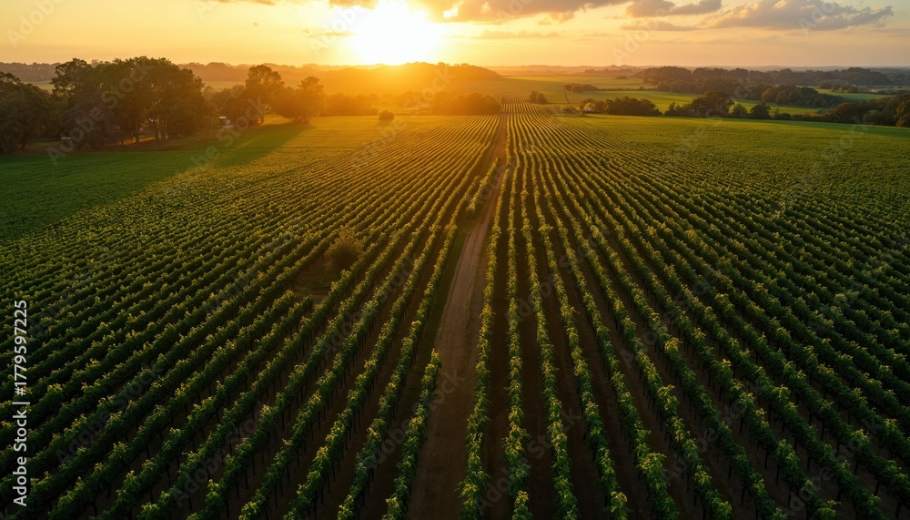 Fototapeta premium Aerial view of vast green vineyard at golden hour sunset. Long parallel rows of grapevines stretch to distant horizon, creating appealing pattern. Dirt road passes through expansive field. Golden sun