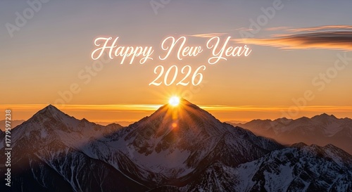 Happy New Year 2026 Sunrise Over Snowy Mountains