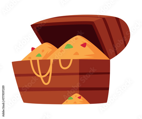Open Treasure Chest with Gold and Gem Vector Illustration