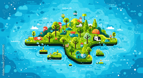 A vibrant cartoon island with lush greenery and various buildings surrounded by water.