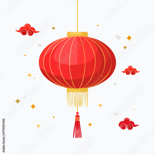 A vibrant red Chinese lantern with golden accents and a tassel hangs, surrounded by auspicious cloud decorations and sparkling elements.