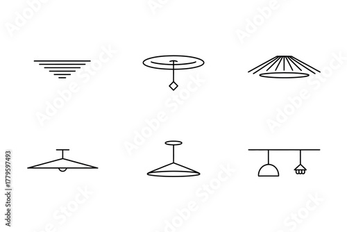 A collection of six simple line art illustrations of ceiling lights and lamps.