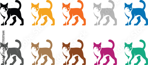 Colorful cat icons collection on white background, Stylized feline silhouettes in multiple colors