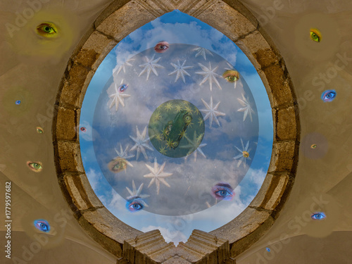 DREAM N°120 – The Eye of the Cosmos. Surreal and conceptual artwork representing a cosmic dome filled with floating eyes, stars, and clouds within a circular architectural structure.