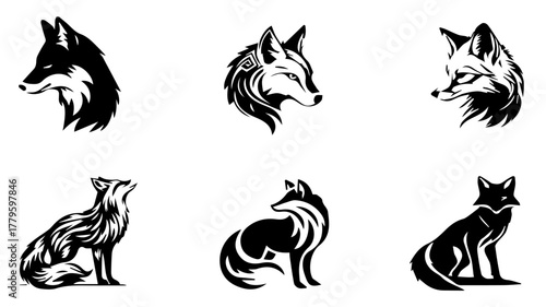 Vector illustration of cute cartoon black and white cat head symbol silhouette, tribal wild pet animal icon design