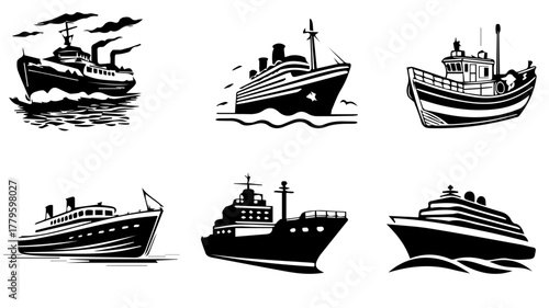 Vessels of the Sea: Diverse collection of ships sailing across the sea. Each vessel represents a unique form of maritime transport, from cruise ships to fishing vessels.