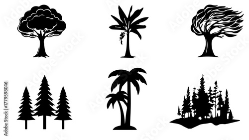 Silhouette of Various Trees: An assortment of tree silhouettes, perfect for nature-themed projects, showcasing diverse tree forms against a plain background.