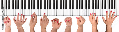 DREAM N°127 – The Hands of Music. Surreal and conceptual artwork showing multiple hands playing a piano keyboard in different dynamic positions.