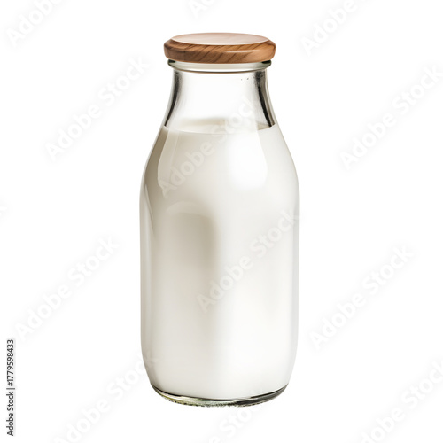 Glass bottle filled with milk and a wooden cap on a blackground